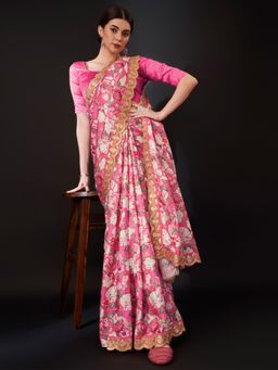 Akhilam - Womens Vichitra Silk Pink Embellished Designer Saree with Unstitched Blouse