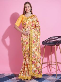 Akhilam - Womens Vichitra Silk Yellow Embellished Designer Saree with Unstitched Blouse