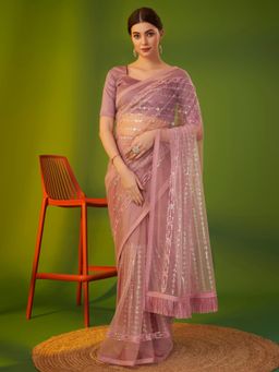 Akhilam - Womens Net Mauve Embellished Designer Saree with Unstitched Blouse