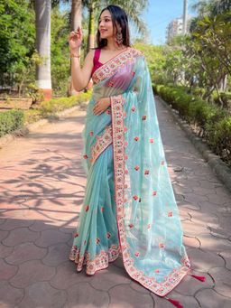 Akhilam - Womens Tissue Light Blue Embroidered Designer Saree with Unstitched Blouse