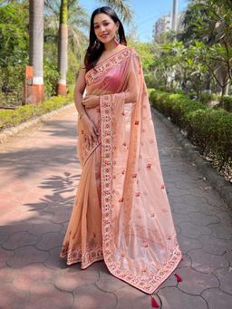 Akhilam - Womens Tissue Peach Embroidered Designer Saree with Unstitched Blouse