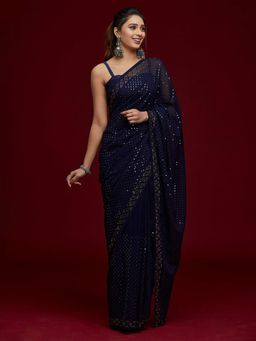 Akhilam - Womens Georgette Navy Blue Embellished Designer Saree with Unstitched Blouse