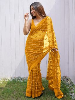 Akhilam - Womens Net Yellow Embellished Designer Saree with Unstitched Blouse