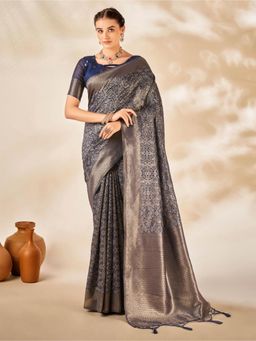 Akhilam - Womens Cotton Silk Navy Blue Woven Design Designer Saree with Unstitched Blouse