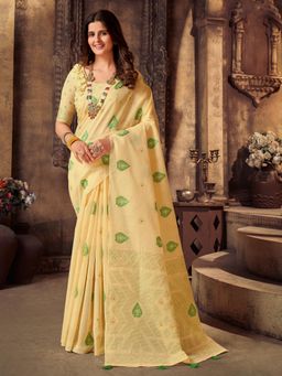 Akhilam - Womens Cotton Blend Beige Woven Design Designer Saree with Unstitched Blouse