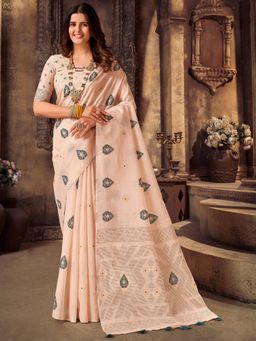 Akhilam - Womens Cotton Blend Cream Woven Design Designer Saree with Unstitched Blouse