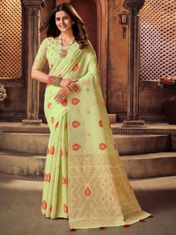 Akhilam - Womens Cotton Blend Lemon Yellow Woven Design Designer Saree with Unstitched Blouse