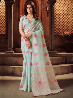 Akhilam - Womens Cotton Blend Light Blue Woven Design Designer Saree with Unstitched Blouse