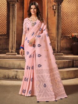 Akhilam - Womens Cotton Blend Pink Woven Design Designer Saree with Unstitched Blouse