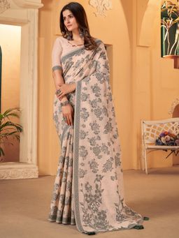 Akhilam - Womens Cotton Blend Cream Woven Design Designer Saree with Unstitched Blouse