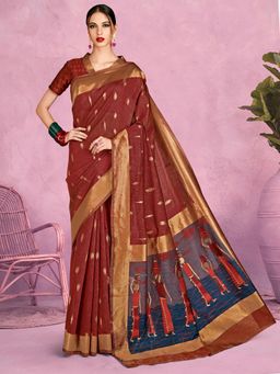 Akhilam - Womens Silk Blend Brown Woven Design Designer Saree with Unstitched Blouse