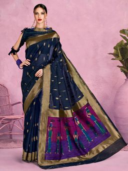 Akhilam - Womens Silk Blend Navy Blue Woven Design Designer Saree with Unstitched Blouse