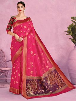 Akhilam - Womens Silk Blend Pink Woven Design Designer Saree with Unstitched Blouse