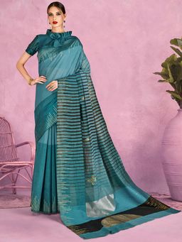 Akhilam - Womens Silk Blend Teal Blue Woven Design Designer Saree with Unstitched Blouse