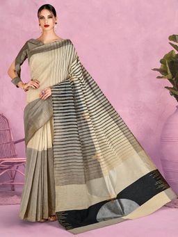 Akhilam - Womens Silk Blend Cream Woven Design Designer Saree with Unstitched Blouse