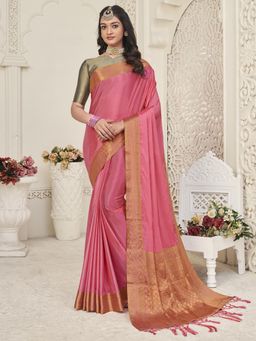 Akhilam - Womens Silk Blend Pink Woven Design Designer Saree with Unstitched Blouse