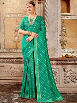 Sareemall - Womens Vichitra Silk Sea Green Printed Designer Saree with Unstitched Blouse