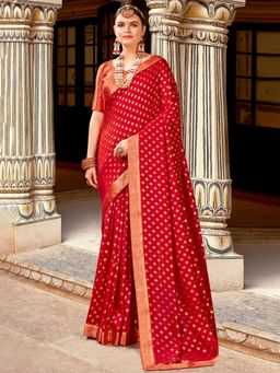 Sareemall - Womens Vichitra Silk Red Printed Designer Saree with Unstitched Blouse