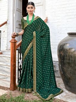 Sareemall - Womens Vichitra Silk Green Printed Designer Saree with Unstitched Blouse