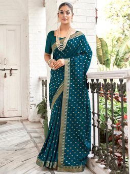 Sareemall - Womens Vichitra Silk Teal Blue Printed Designer Saree with Unstitched Blouse