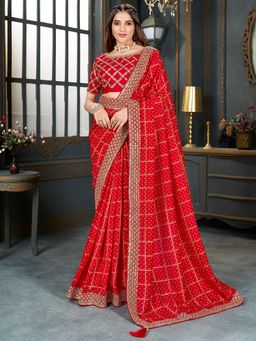 Akhilam - Womens Vichitra Silk Red Embellished Designer Saree with Unstitched Blouse