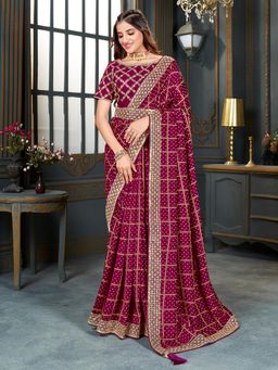 Akhilam - Womens Vichitra Silk Magenta Embellished Designer Saree with Unstitched Blouse
