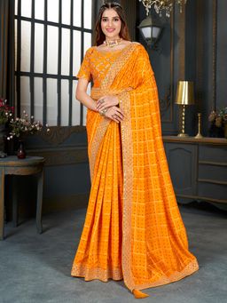 Akhilam - Womens Vichitra Silk Yellow Embellished Designer Saree with Unstitched Blouse