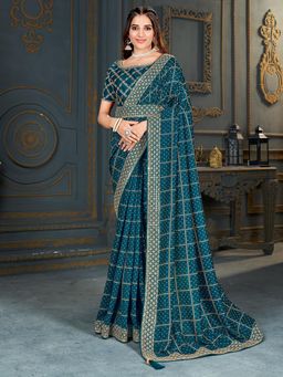 Akhilam - Womens Vichitra Silk Teal Blue Embellished Designer Saree with Unstitched Blouse