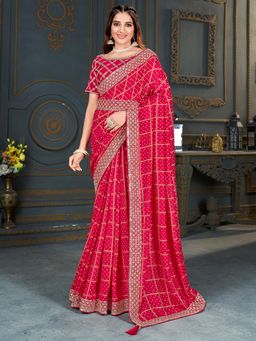 Akhilam - Womens Vichitra Silk Pink Embellished Designer Saree with Unstitched Blouse