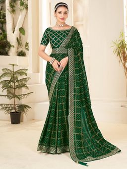 Akhilam - Womens Vichitra Silk Green Embellished Designer Saree with Unstitched Blouse