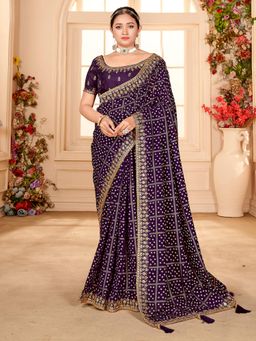 Akhilam - Womens Vichitra Silk Purple Embellished Designer Saree with Unstitched Blouse
