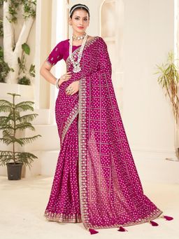 Akhilam - Womens Vichitra Silk Pink Embellished Designer Saree with Unstitched Blouse