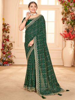 Akhilam - Womens Vichitra Silk Green Embellished Designer Saree with Unstitched Blouse