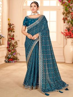 Akhilam - Womens Vichitra Silk Blue Embellished Designer Saree with Unstitched Blouse