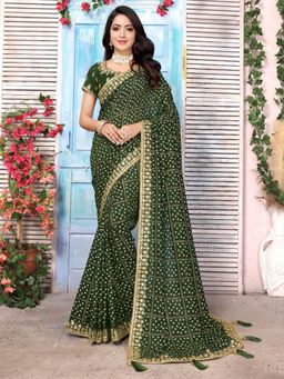 Sareemall - Womens Vichitra Silk Green Embellished Designer Saree with Unstitched Blouse