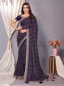 Sareemall - Womens Vichitra Silk Purple Embellished Designer Saree with Unstitched Blouse