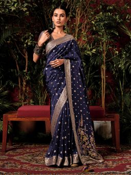 Akhilam - Womens Mulberry Silk Navy Blue Woven Design Designer Saree with Unstitched Blouse