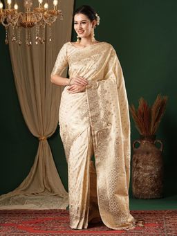Akhilam - Womens Satin Silk Cream Woven Design Designer Saree with Unstitched Blouse