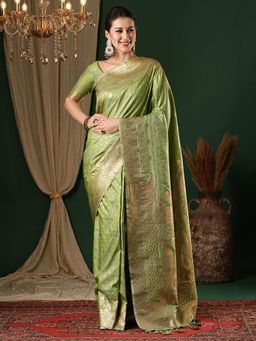 Akhilam - Womens Satin Silk Light Green Woven Design Designer Saree with Unstitched Blouse