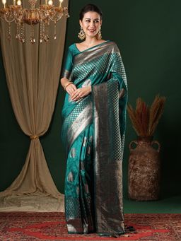 Akhilam - Womens Silk Blend Teal Blue Woven Design Designer Saree with Unstitched Blouse