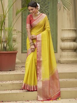 Akhilam - Womens Tussar Silk Yellow Woven Design Designer Saree with Unstitched Blouse