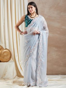 Sareemall - Womens Georgette Grey Embellished Designer Saree with Unstitched Blouse