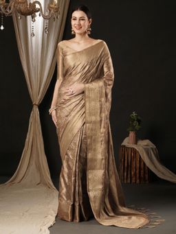 Akhilam - Womens Satin Silk Beige Woven Design Designer Saree with Unstitched Blouse