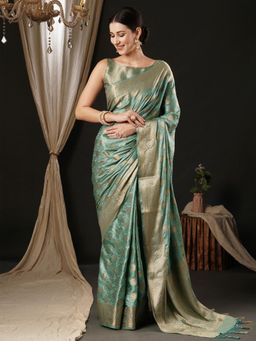 Akhilam - Womens Satin Silk Turquoise Woven Design Designer Saree with Unstitched Blouse