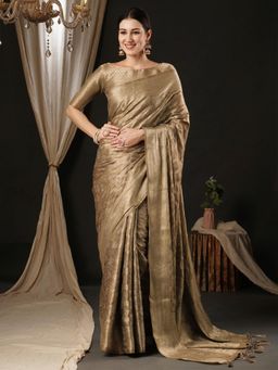 Akhilam - Womens Satin Silk Beige Woven Design Designer Saree with Unstitched Blouse