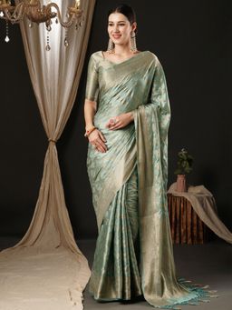 Akhilam - Womens Satin Silk Turquoise Woven Design Designer Saree with Unstitched Blouse