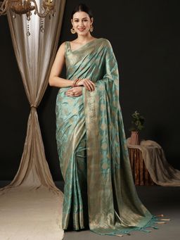 Akhilam - Womens Satin Silk Turquoise Woven Design Designer Saree with Unstitched Blouse