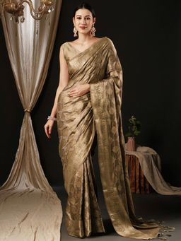 Akhilam - Womens Satin Silk Beige Woven Design Designer Saree with Unstitched Blouse