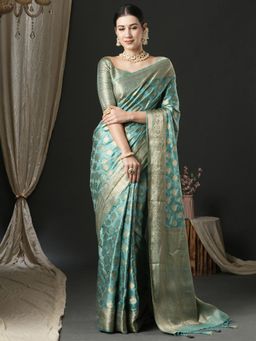 Akhilam - Womens Satin Silk Turquoise Woven Design Designer Saree with Unstitched Blouse