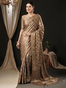 Akhilam - Womens Satin Silk Beige Woven Design Designer Saree with Unstitched Blouse
